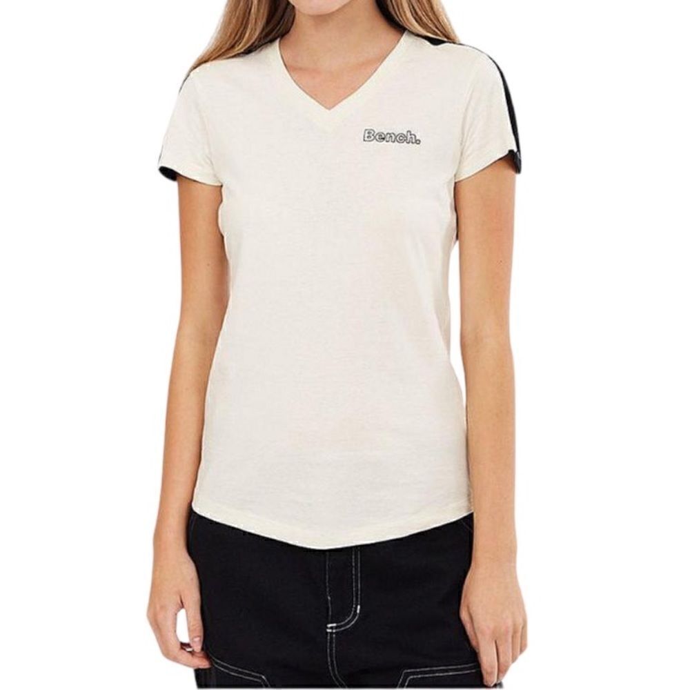 BENCH Roxanna womens V-Neck t-shirt stone with black colorblocking in the Size L